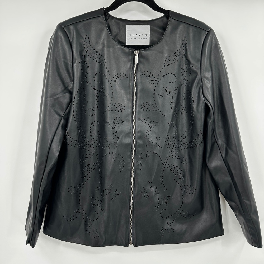 Susan Graver Graver Black Faux Leather Laser Cut Zip Front Jacket Womens Small P